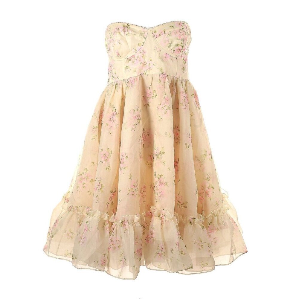 Selkie Strapless Floral Tea-Length Dress in Pale Yellow and Pink